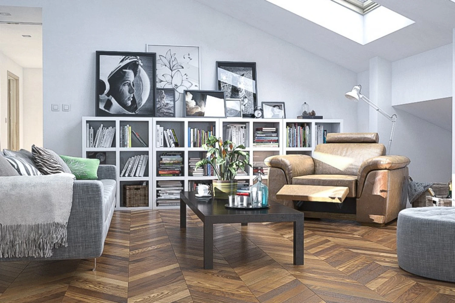 Nowoczesny salon z drewnianą jodełką i artystycznymi akcentami